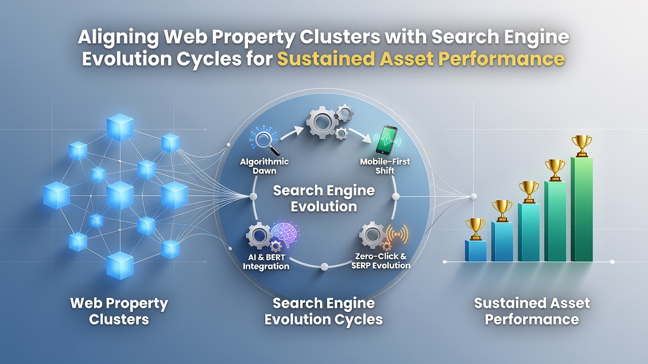 Web property clusters visualized through interconnected site nodes adapting to search engine algorithm timelines