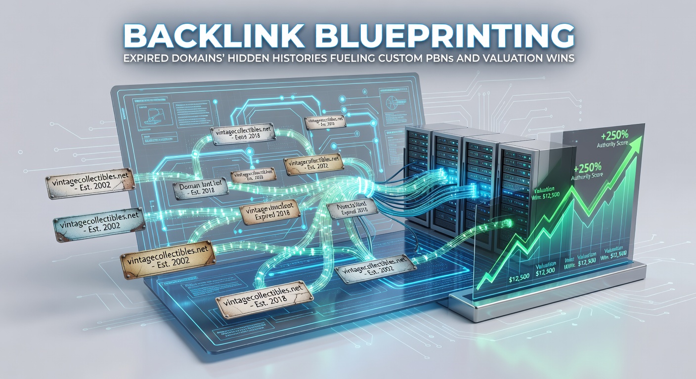 Visual representation of a domain's backlink history mapped as a blueprint, showing interconnected links from expired domains leading to PBN structures and rising valuation charts