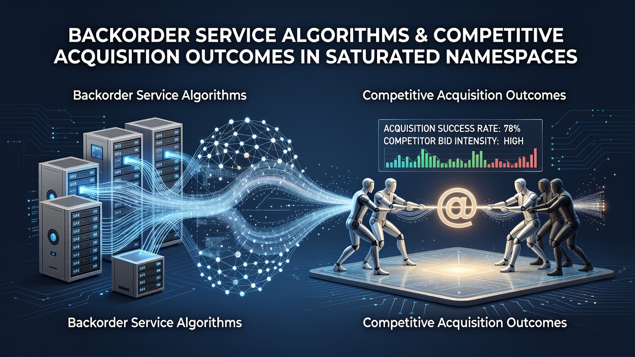 Illustration of backorder service algorithms monitoring domain expiration timelines in crowded namespaces