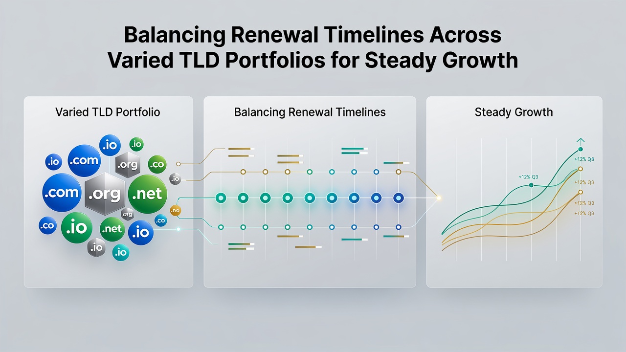 Spreadsheet and calendar interface displaying staggered domain renewal timelines across multiple TLD categories