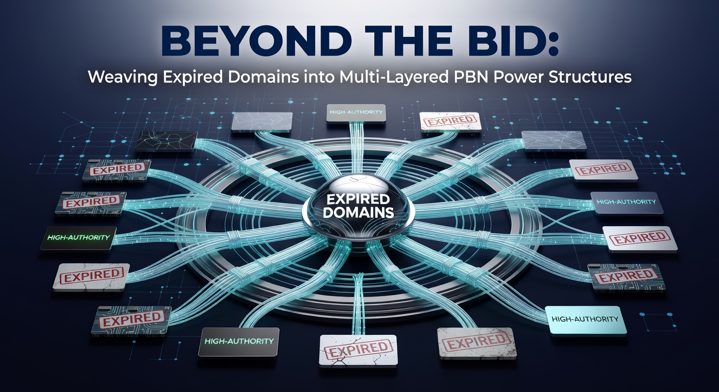 Diagram illustrating interconnected layers of expired domains forming a robust PBN network, with arrows showing link flow between tiers