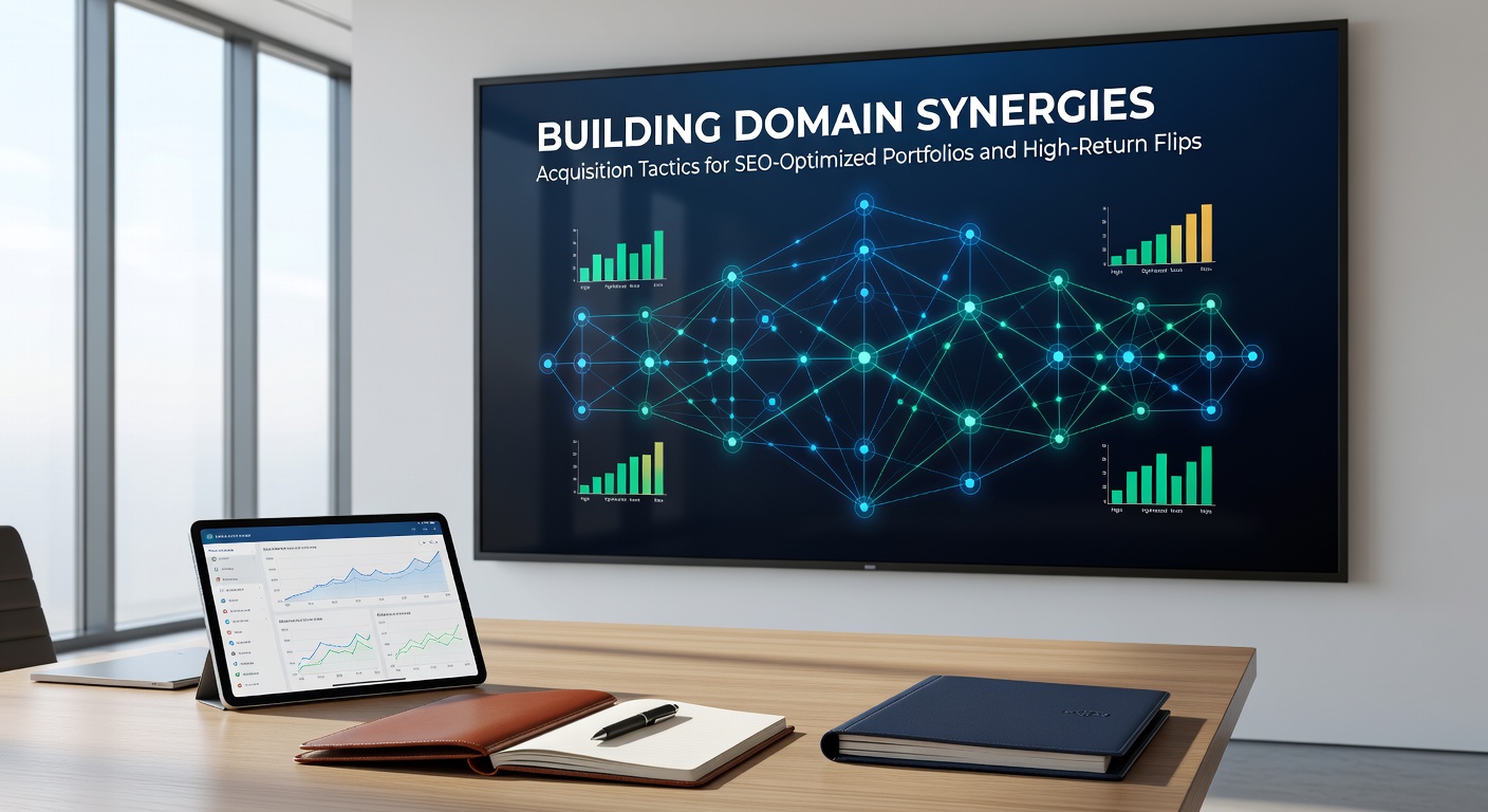 Visual representation of interconnected domain networks forming a synergistic SEO portfolio with arrows linking assets for optimized traffic flow and flip potential