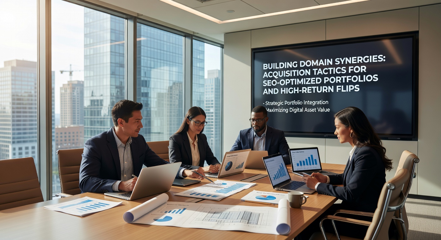 Chart illustrating domain portfolio growth curves with synergistic acquisitions leading to exponential SEO traffic and flip ROI spikes