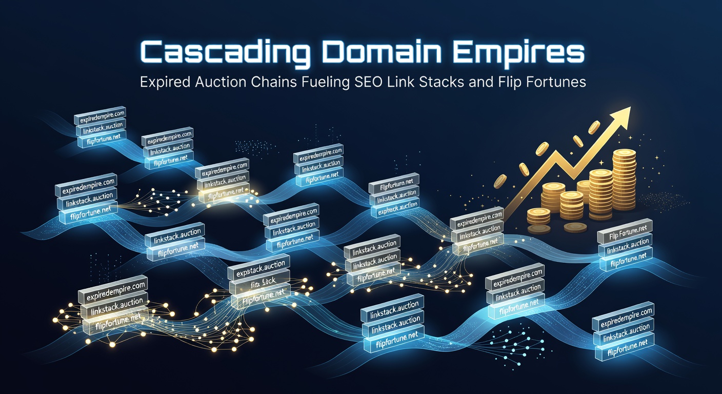 Visual representation of interconnected domain chains forming an expansive SEO empire from expired auction wins
