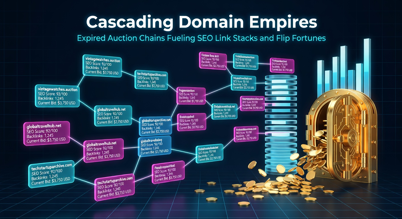 Diagram illustrating a cascading chain of expired domains linking into an SEO stack and flipping pathway