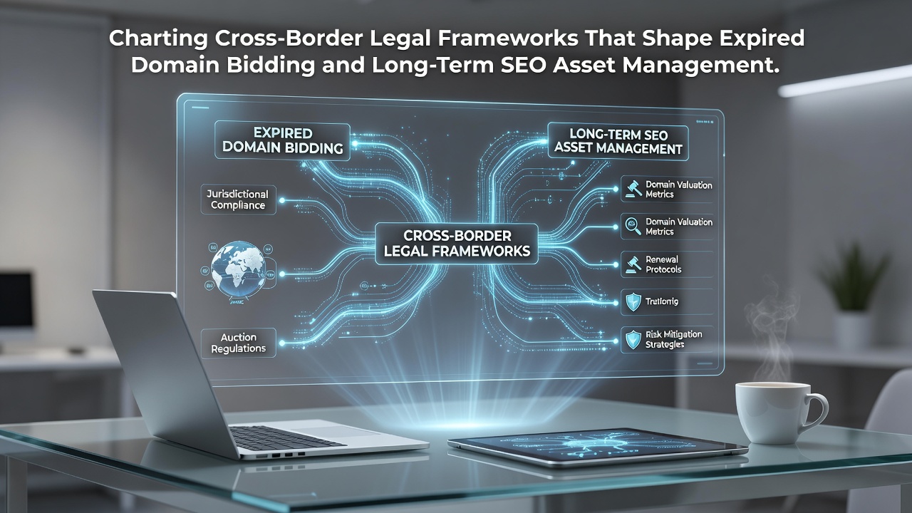 Global map overlay showing legal jurisdictions affecting expired domain auctions and SEO portfolios