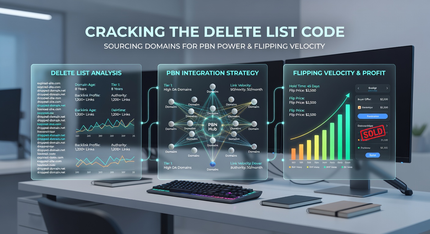 Close-up of a domain sourcing interface showing delete list entries with overlaid charts of link velocity and flip ROI projections