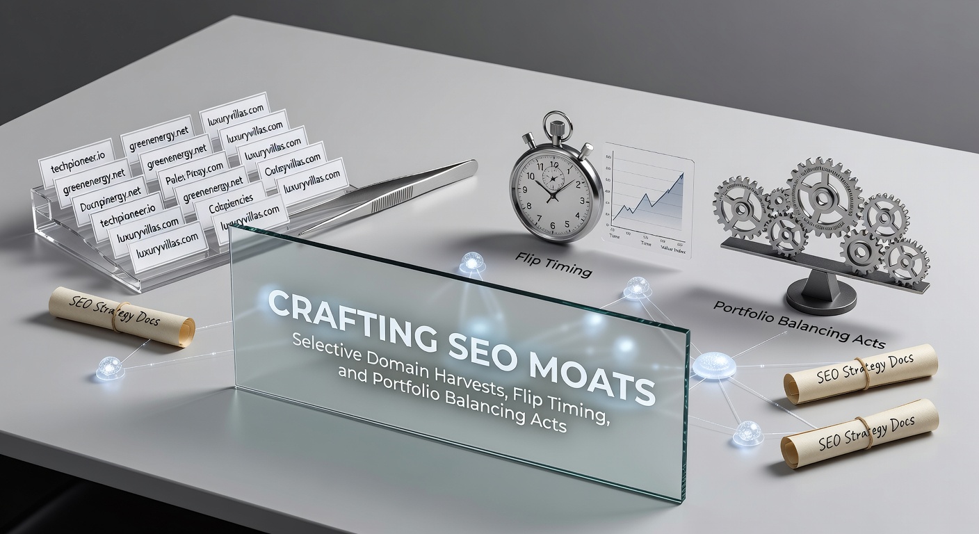 Illustration of a fortified castle moat made from interlocking domain chains, symbolizing robust SEO defenses built through strategic domain selection and management