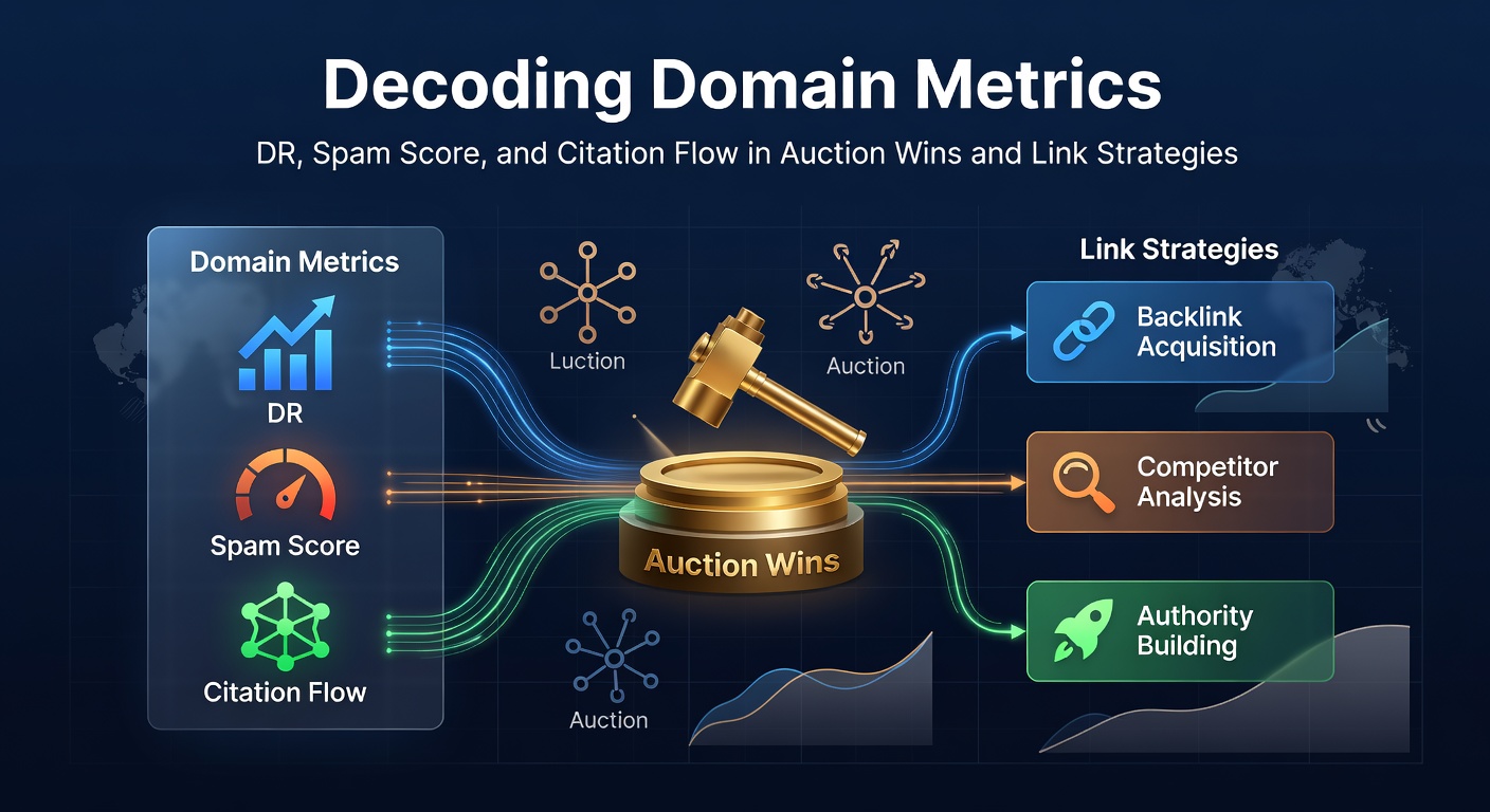 Colorful dashboard displaying DR, Spam Score, and Citation Flow metrics for various domains in an auction interface