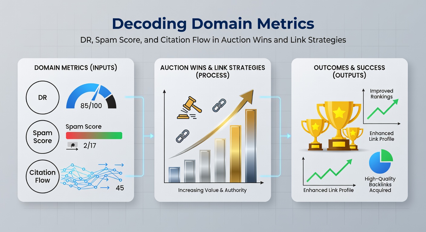 Infographic breaking down Spam Score thresholds and their impact on domain auction performance and link safety