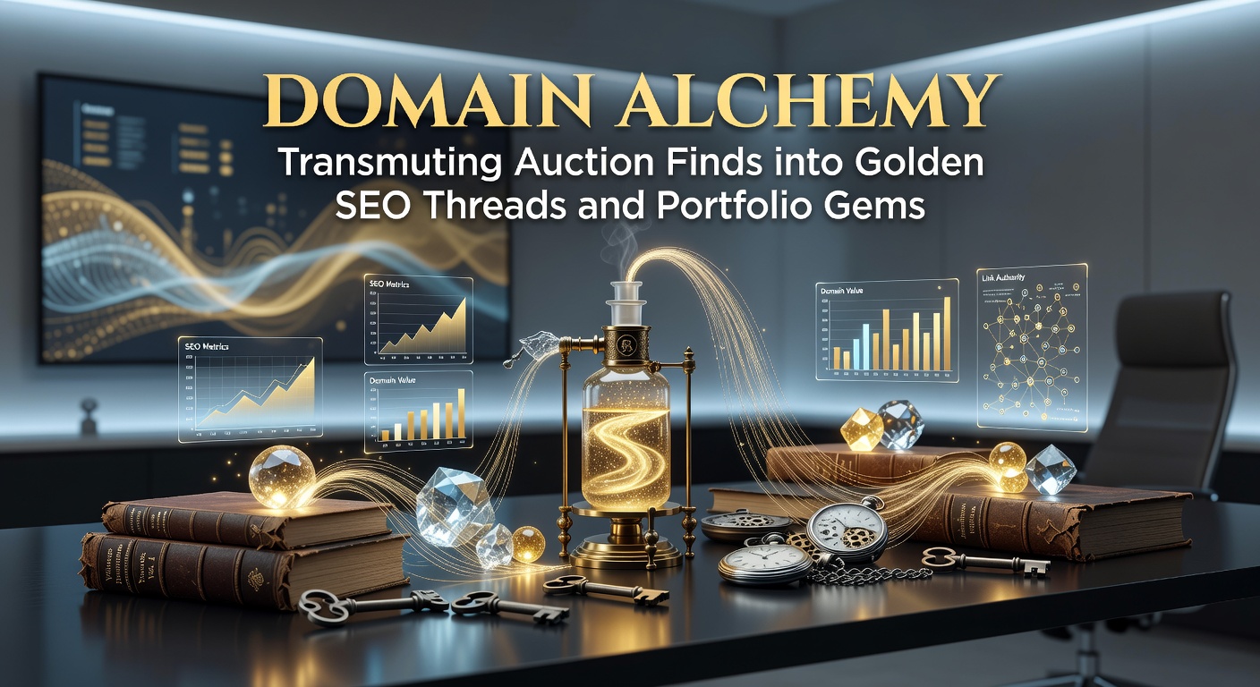 A digital alchemist's workbench cluttered with glowing domain names transforming from rusty relics into shimmering SEO gold threads, evoking the magic of auction discoveries turned valuable assets