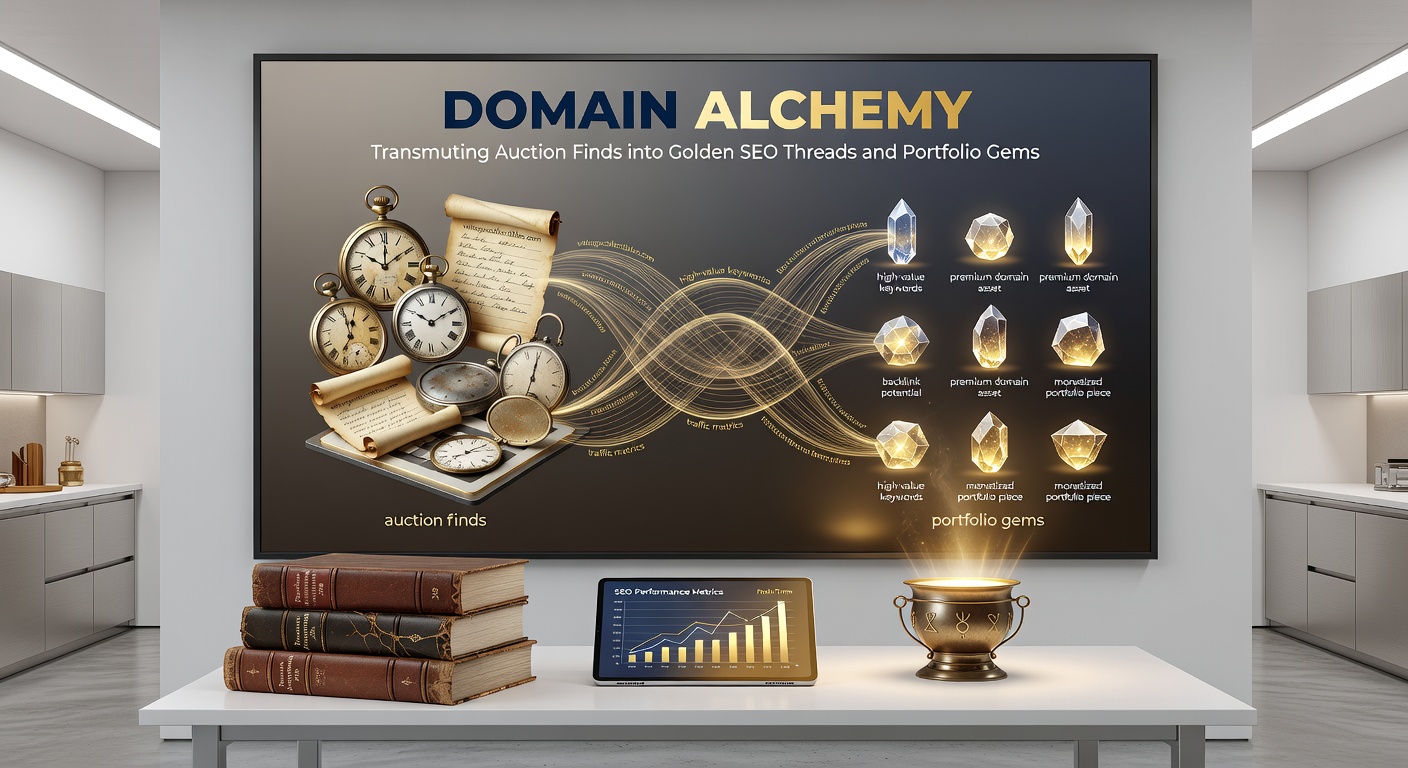 Close-up of a golden SEO thread being spun from auction-won domains, with metrics charts and revitalized websites glowing in the background, symbolizing transformation into portfolio treasures