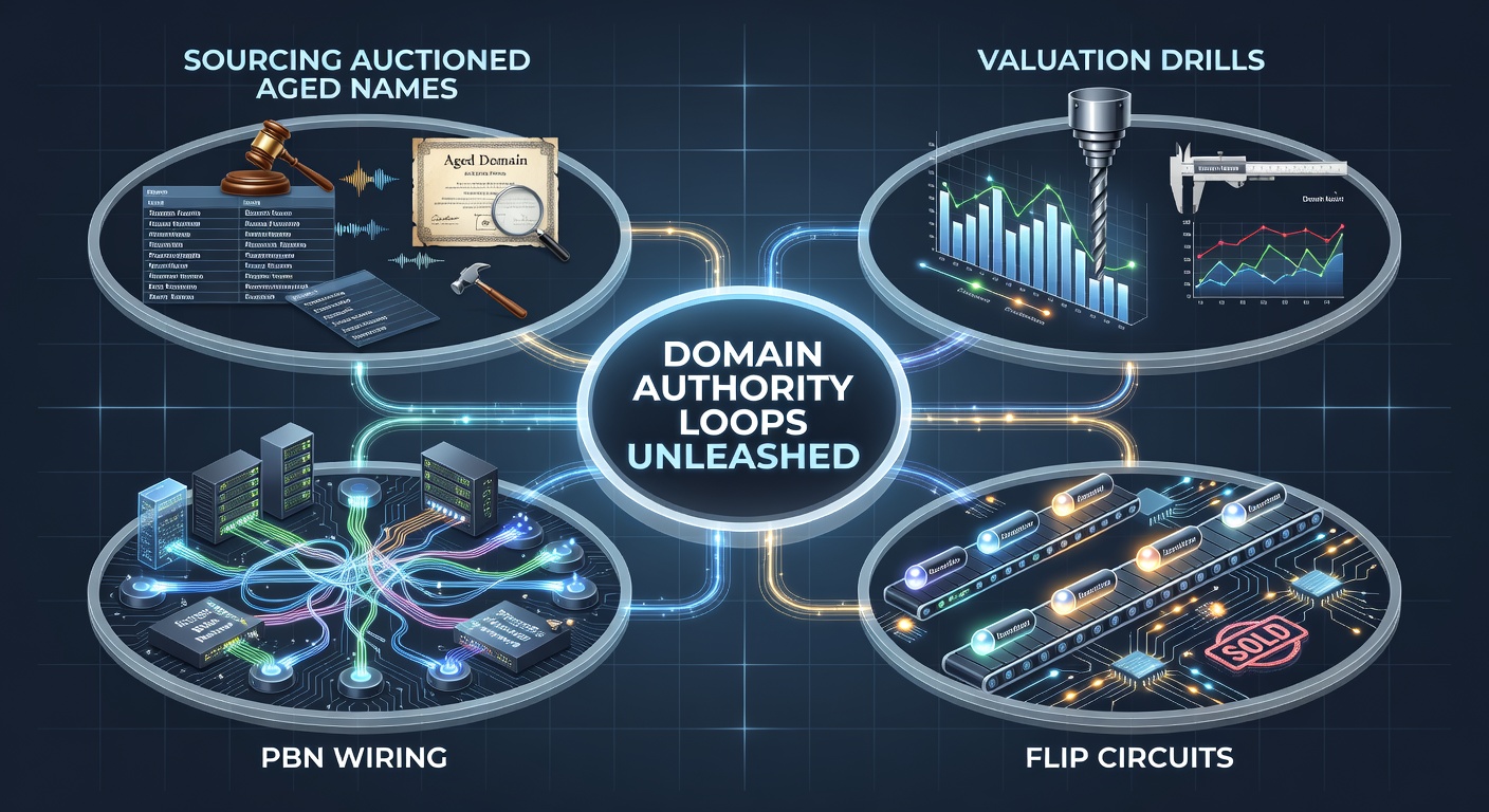 Visual representation of interconnected domain authority loops showing auction sourcing flowing into PBN networks and flip cycles