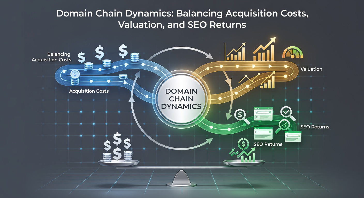 Visual representation of interconnected domain chains illustrating cost flows, valuation metrics, and SEO performance graphs