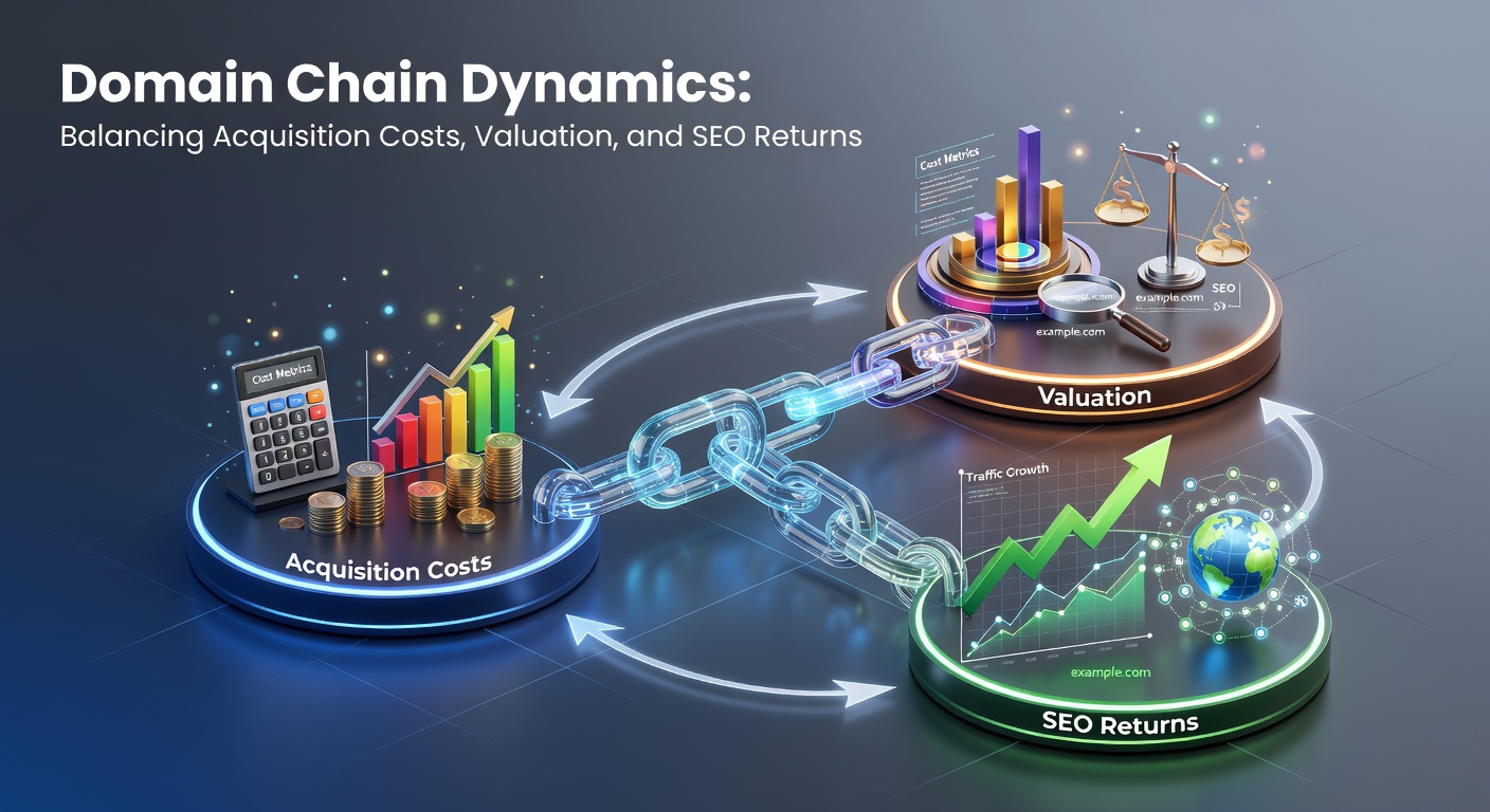 Infographic depicting domain chain valuation model with SEO ROI curves and cost-breakdown pie charts