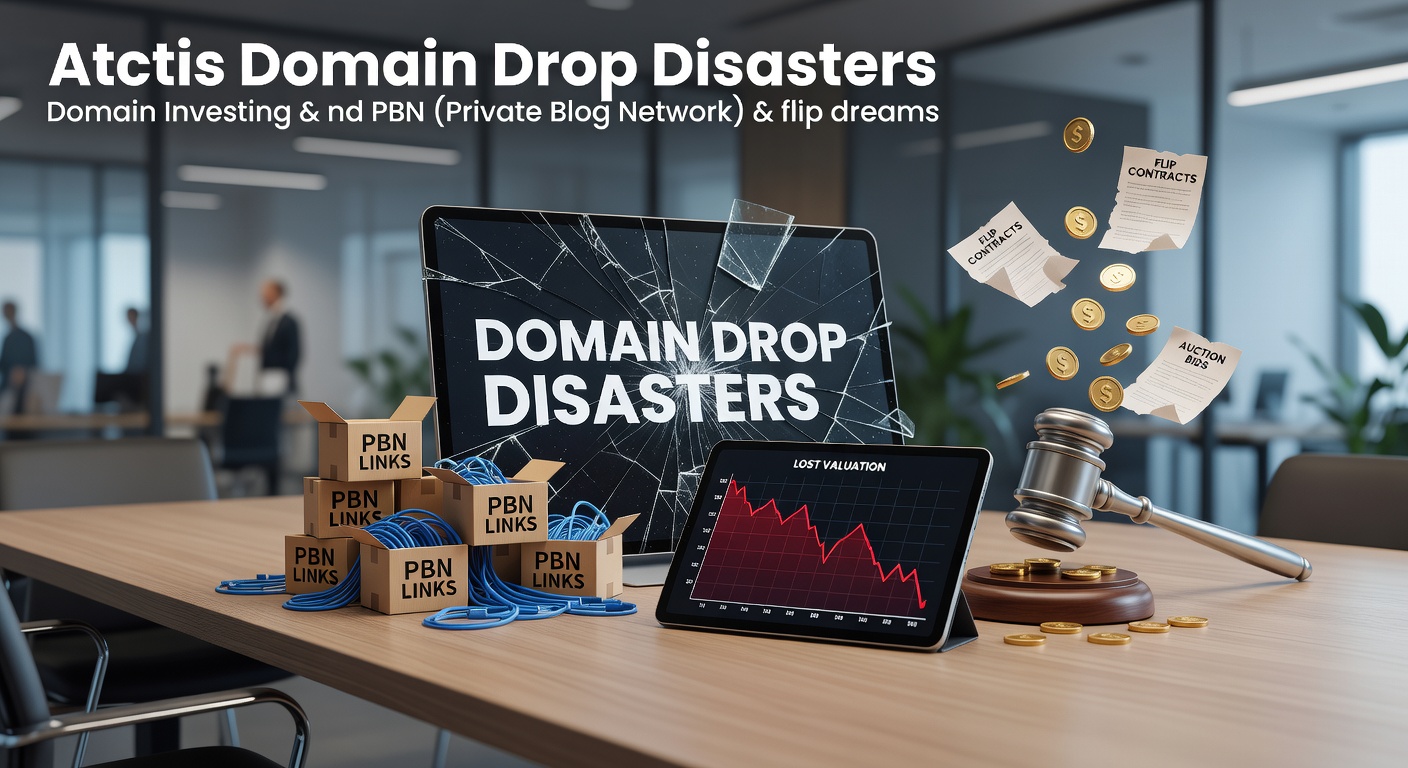 A chaotic auction screen showing skyrocketing bids on a dubious expired domain, with warning icons flashing red in the background