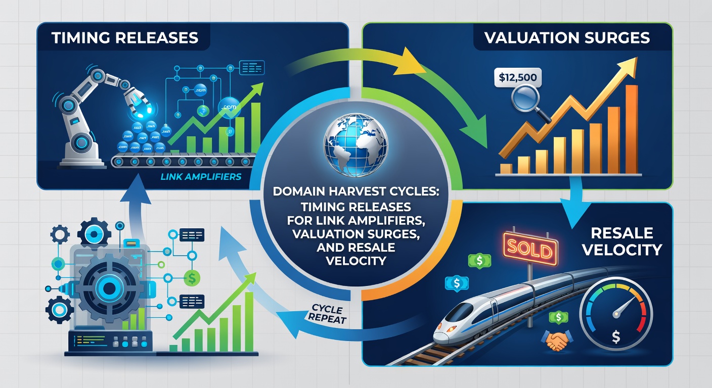 Calendar visualization of domain harvest cycles across .com, .net, and country-code TLDs, marking valuation surge points and resale windows