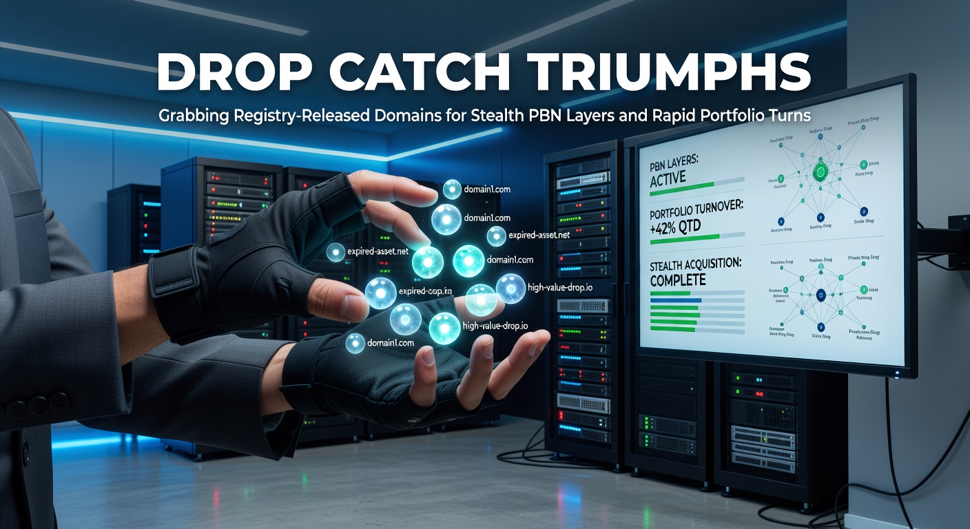 Illustration of a domain drop catch in action, showing a timer ticking down as a domain releases from registry control into a snatching net