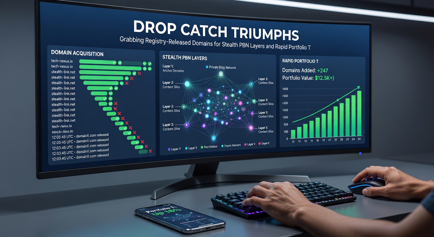 Chart depicting successful drop catch timelines, with domains transitioning from registry release to PBN deployment and portfolio flips