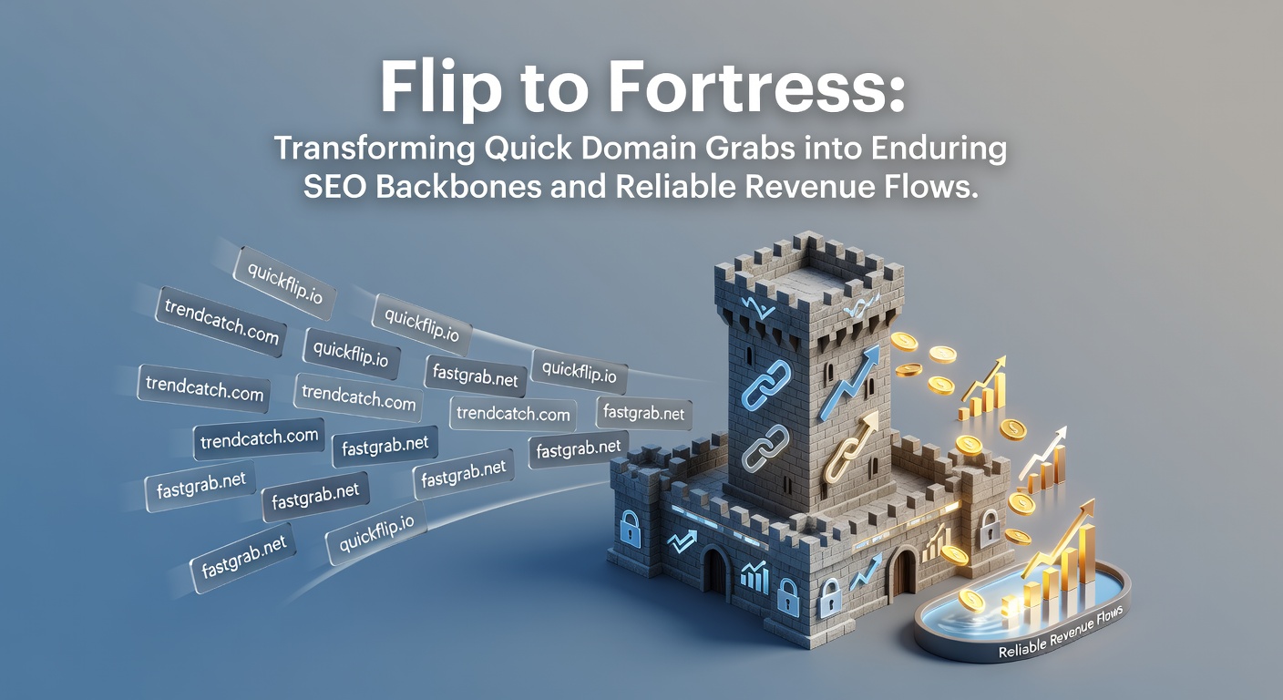 Visual representation of a domain flipping into a fortified SEO structure with revenue streams flowing outward