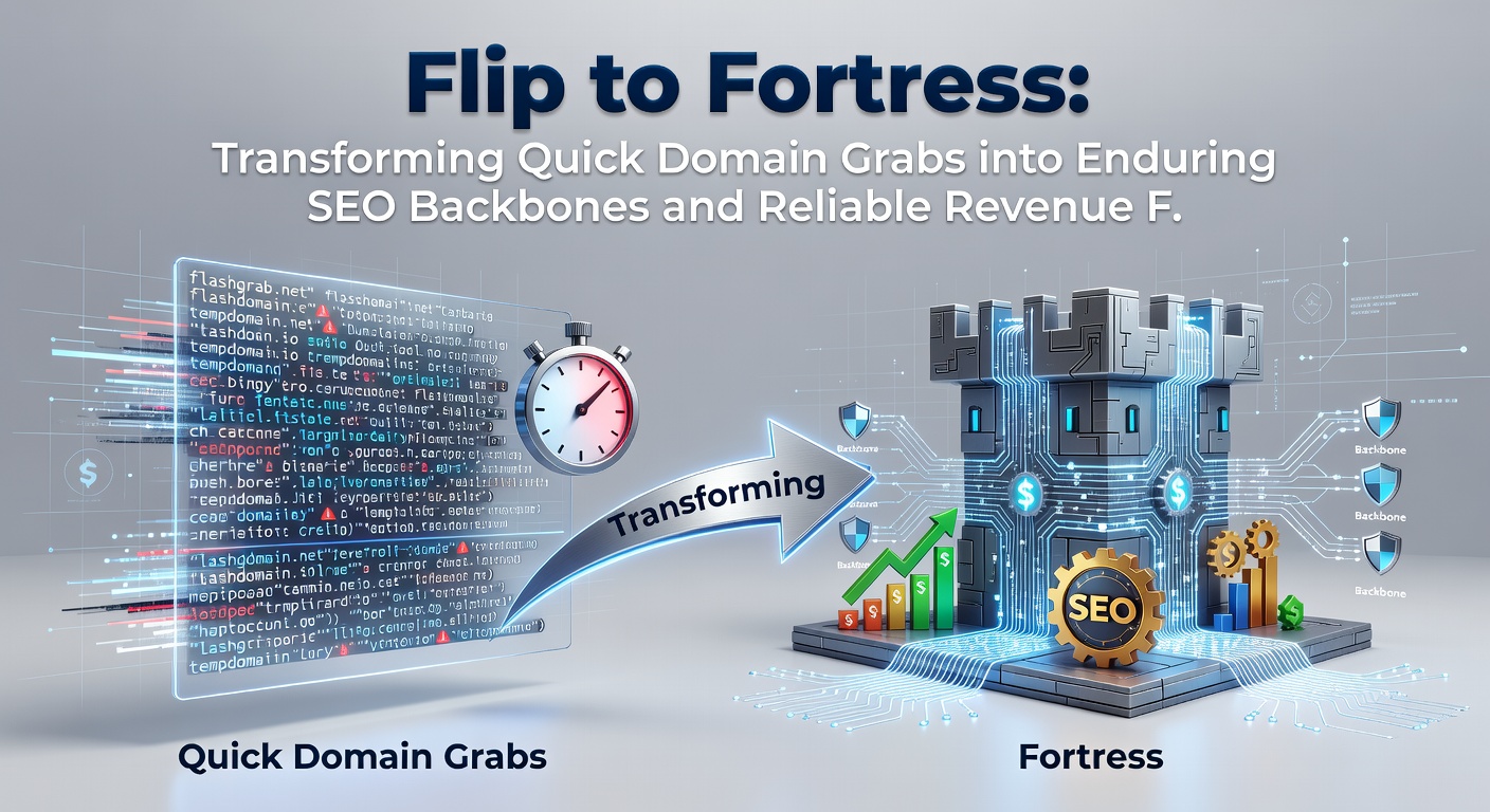 Illustration of domain evolution from quick acquisition to robust SEO fortress generating steady revenue