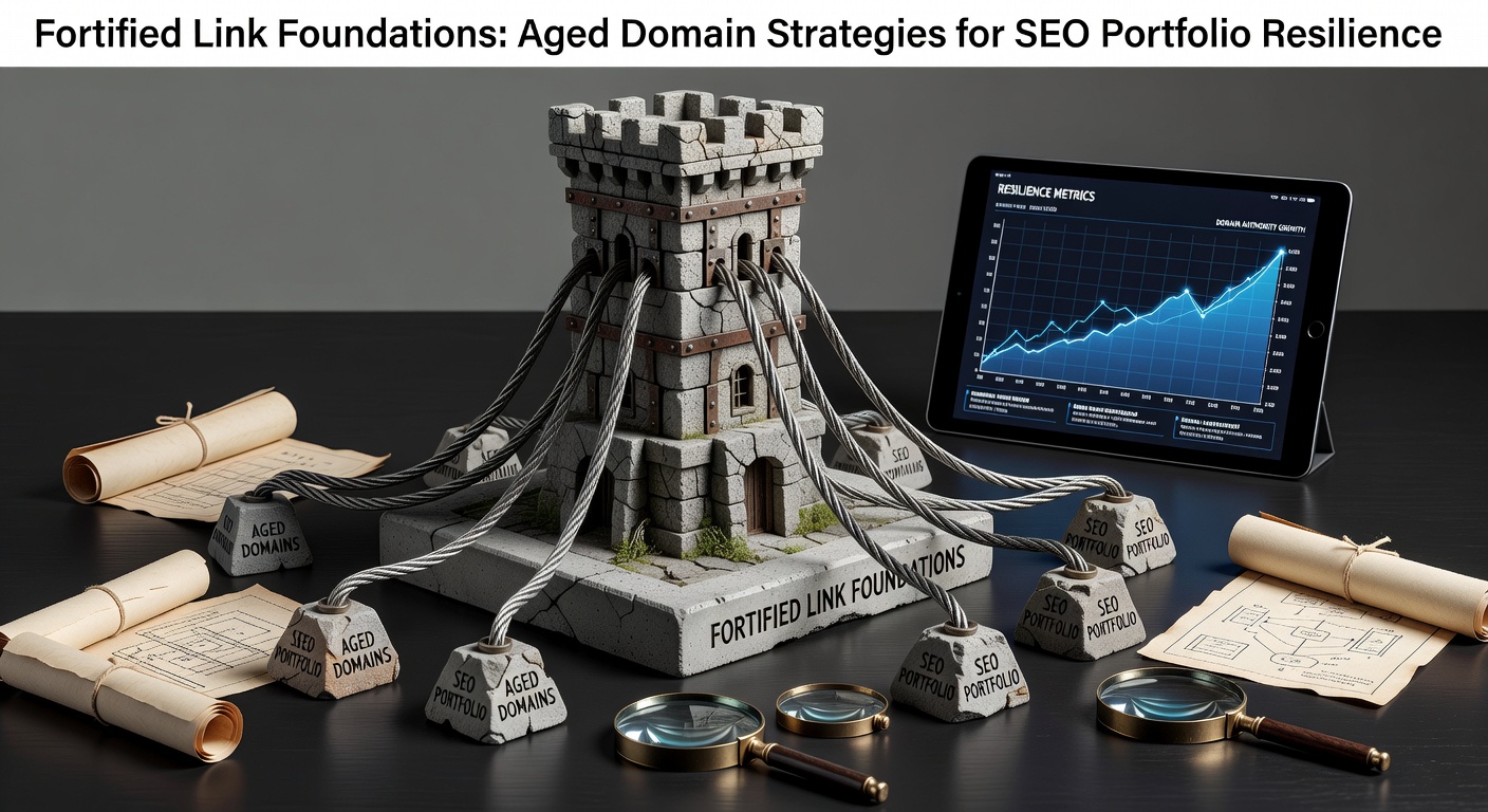 Visual representation of a sturdy SEO link foundation built on aged domains, showing interconnected roots and resilient structures supporting a portfolio tower