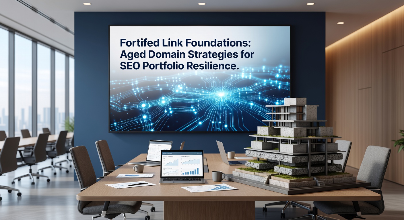 Diagram illustrating layered SEO link foundations with aged domains as core pillars supporting a resilient portfolio structure against algorithm winds
