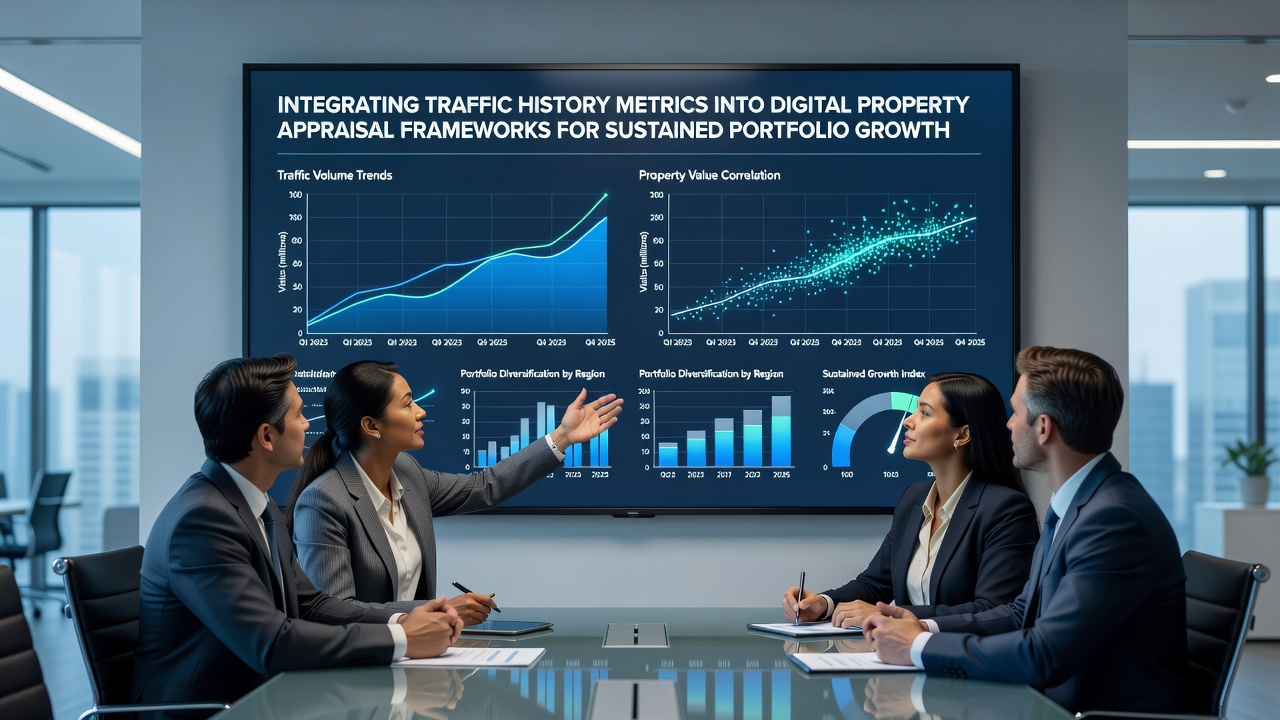 Traffic history charts overlaid on digital property valuation models showing growth trends