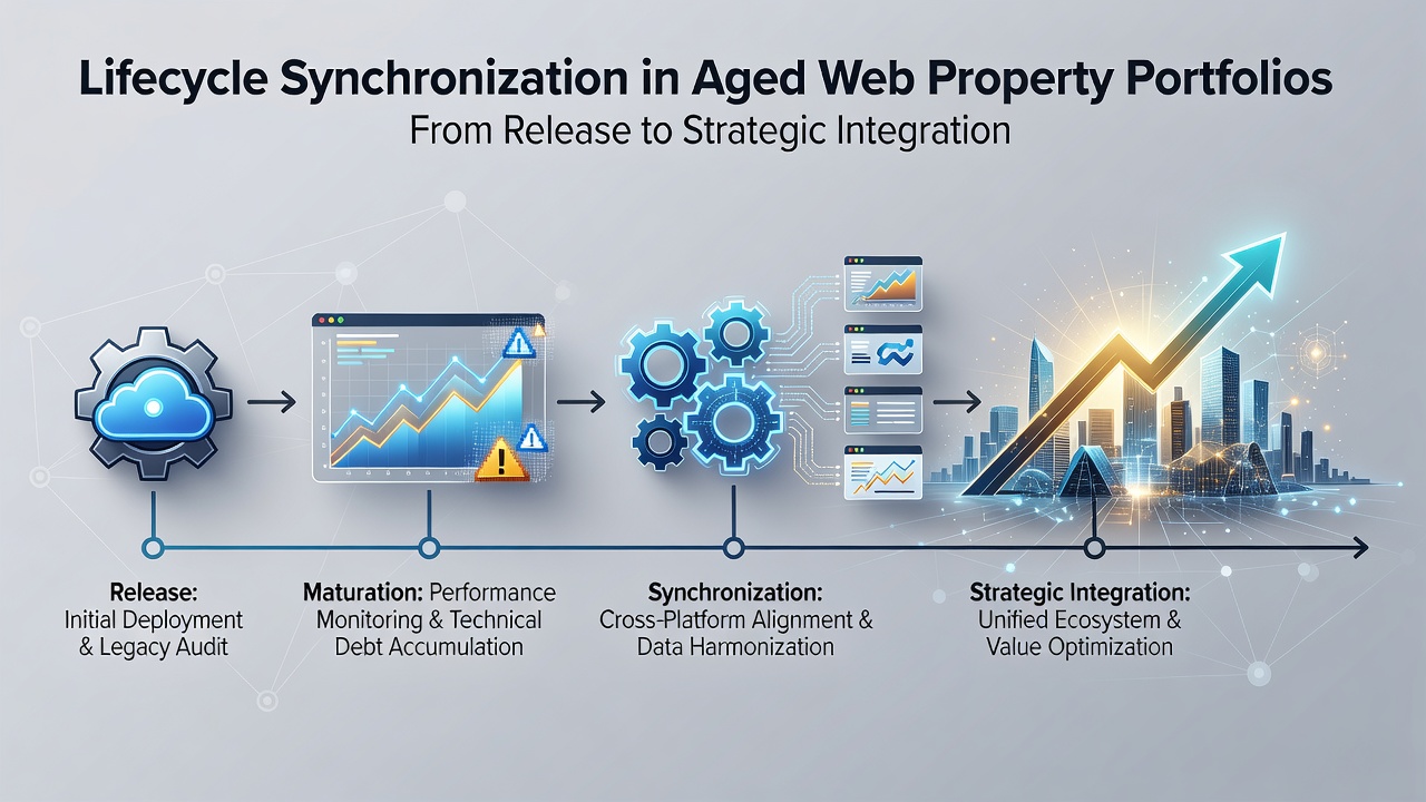 Overview of aged web property portfolio management showing synchronized lifecycle stages from acquisition through integration
