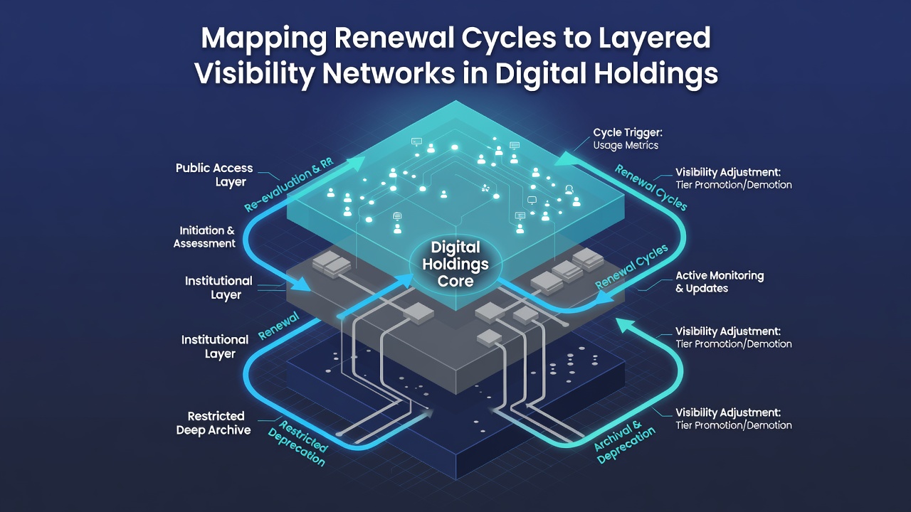 Flowchart illustrating how renewal events trigger updates across visibility network layers in digital holdings portfolios