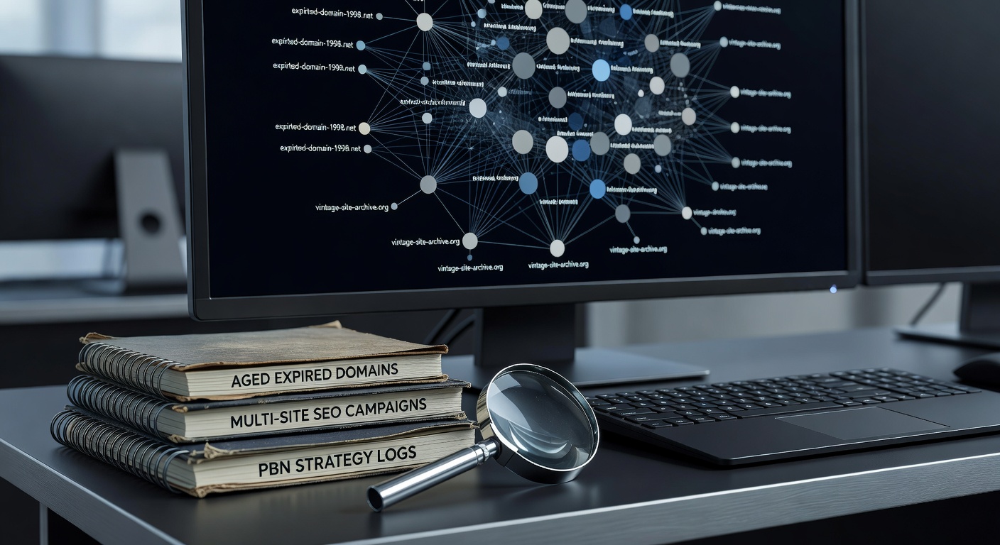 Visual representation of layered domain networks blending aged expired domains into SEO campaigns, showing interconnected sites with faded footprints