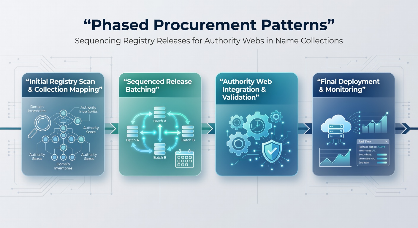Visualization of phased domain procurement sequences across registry release timelines