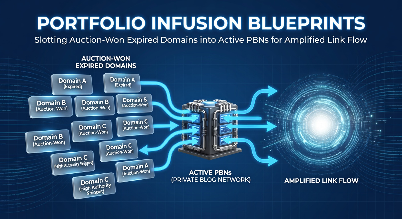 Visual blueprint showing expired domains being slotted into a PBN network with flowing link arrows amplifying authority