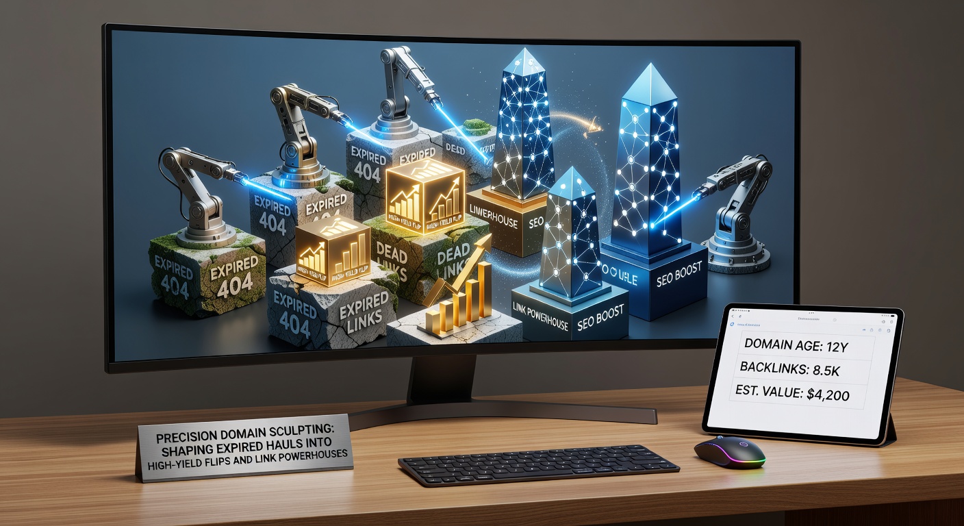 Visual representation of expired domains being refined through precision sculpting techniques into valuable assets