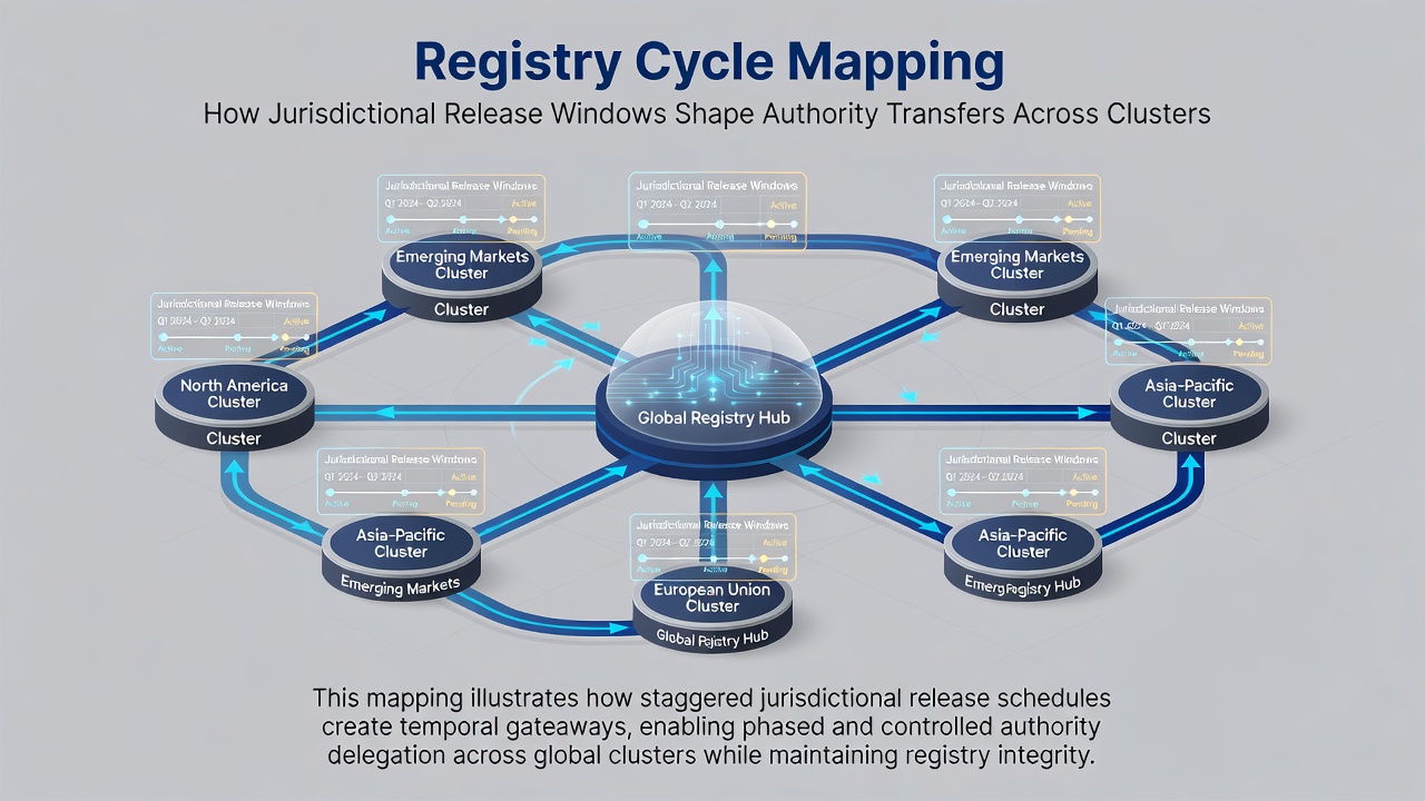 Timeline visualization of authority transfers between clustered domains following jurisdictional releases