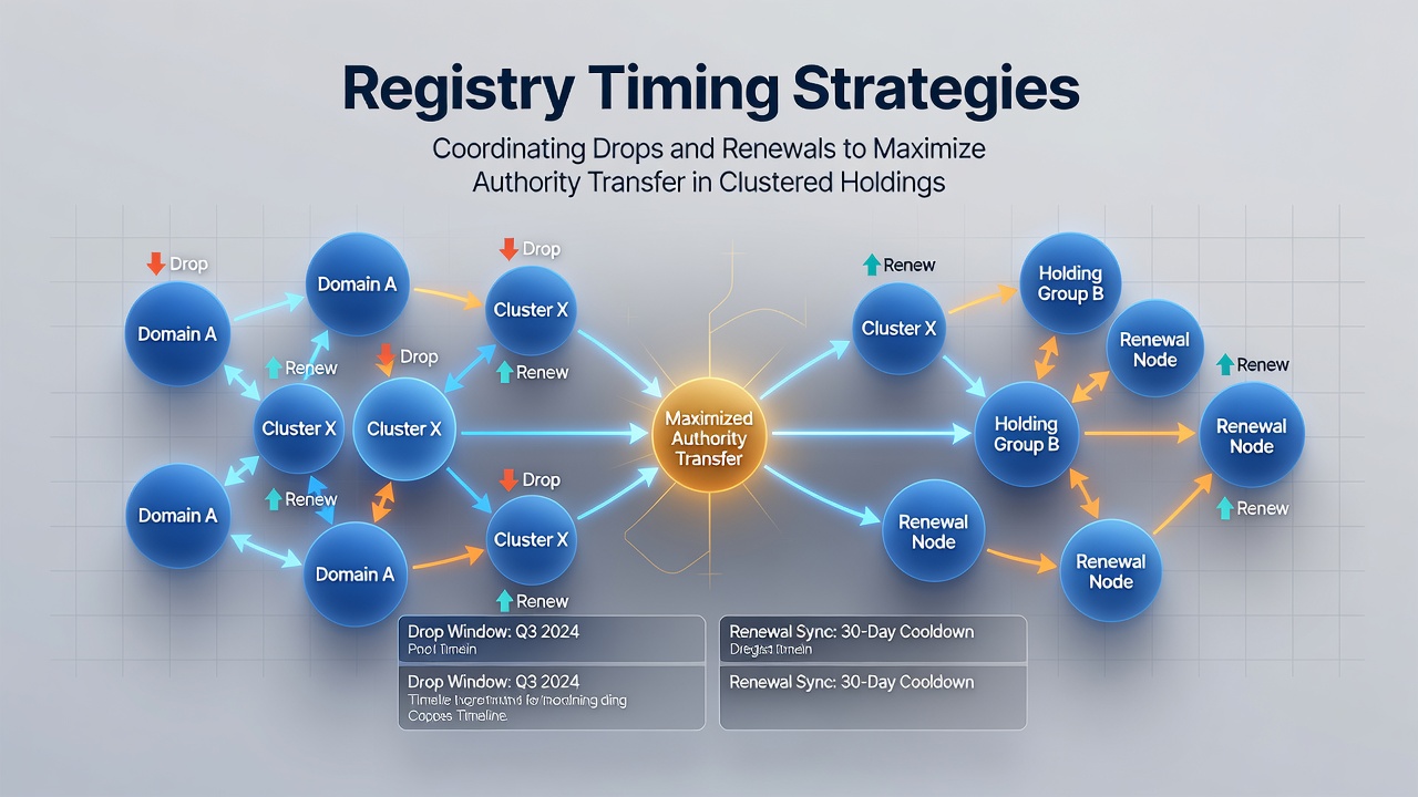 Diagram showing domain registry lifecycle stages including drop periods and renewal windows for clustered domain holdings