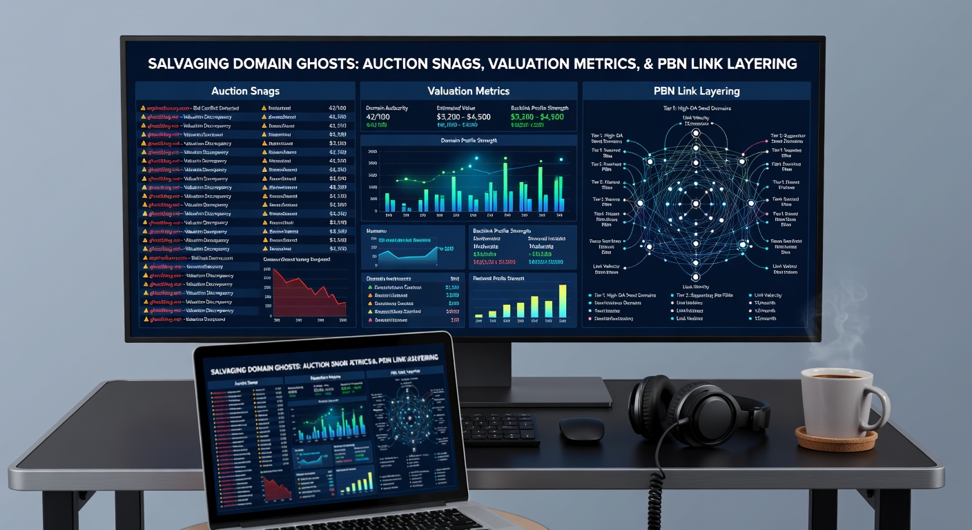 Layered diagram of PBN structures showing domain ghosts integrated with valuation metrics overlaid, illustrating link flow and auction timelines