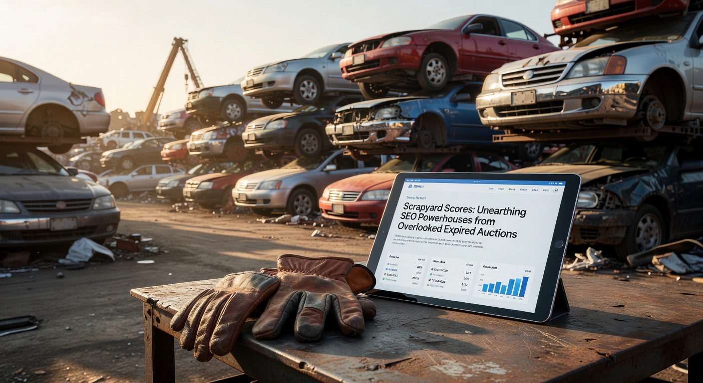 A digital scrapyard filled with rusty domain names hiding shiny SEO treasures amid auction debris