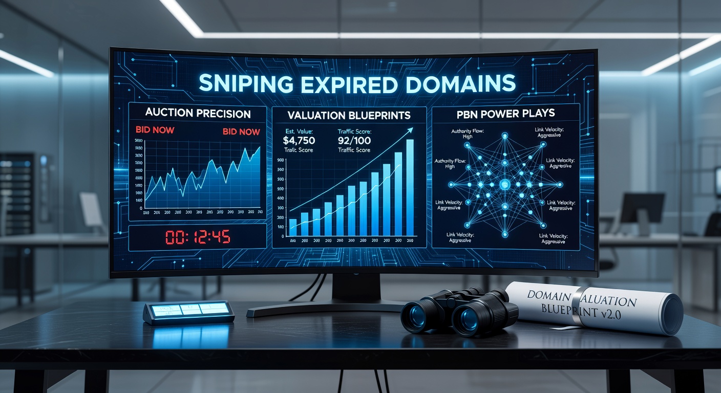 A digital dashboard showing real-time expired domain auctions with bidding timers and metrics overlays, capturing the intensity of domain sniping.