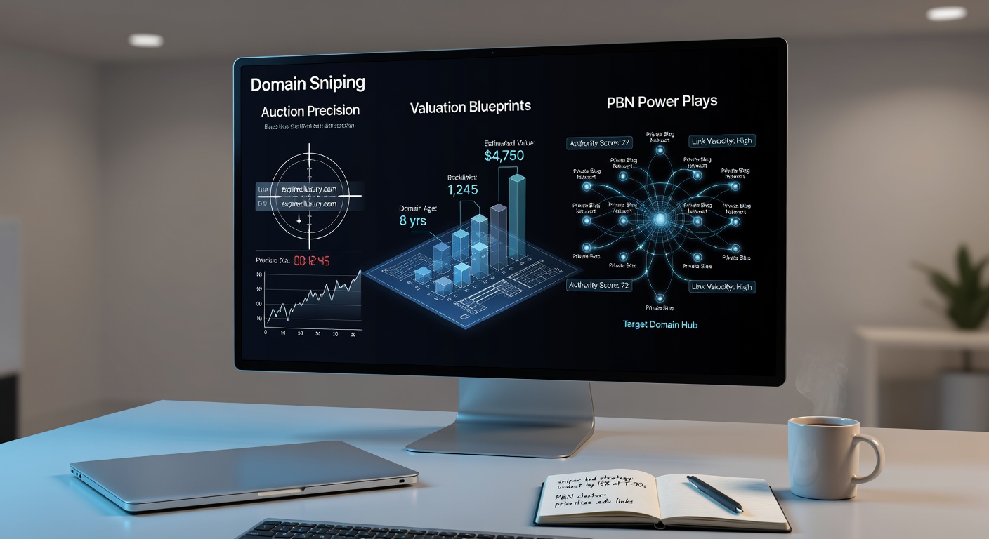 Close-up of a valuation spreadsheet analyzing expired domain metrics including backlink profiles, domain age, and SEO scores, with graphs plotting potential PBN link value.