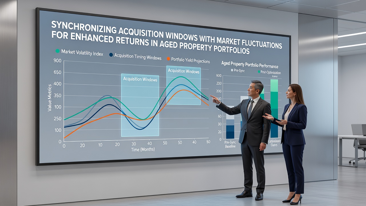Aged property portfolio analysis showing market fluctuation charts overlaid on historic building acquisitions