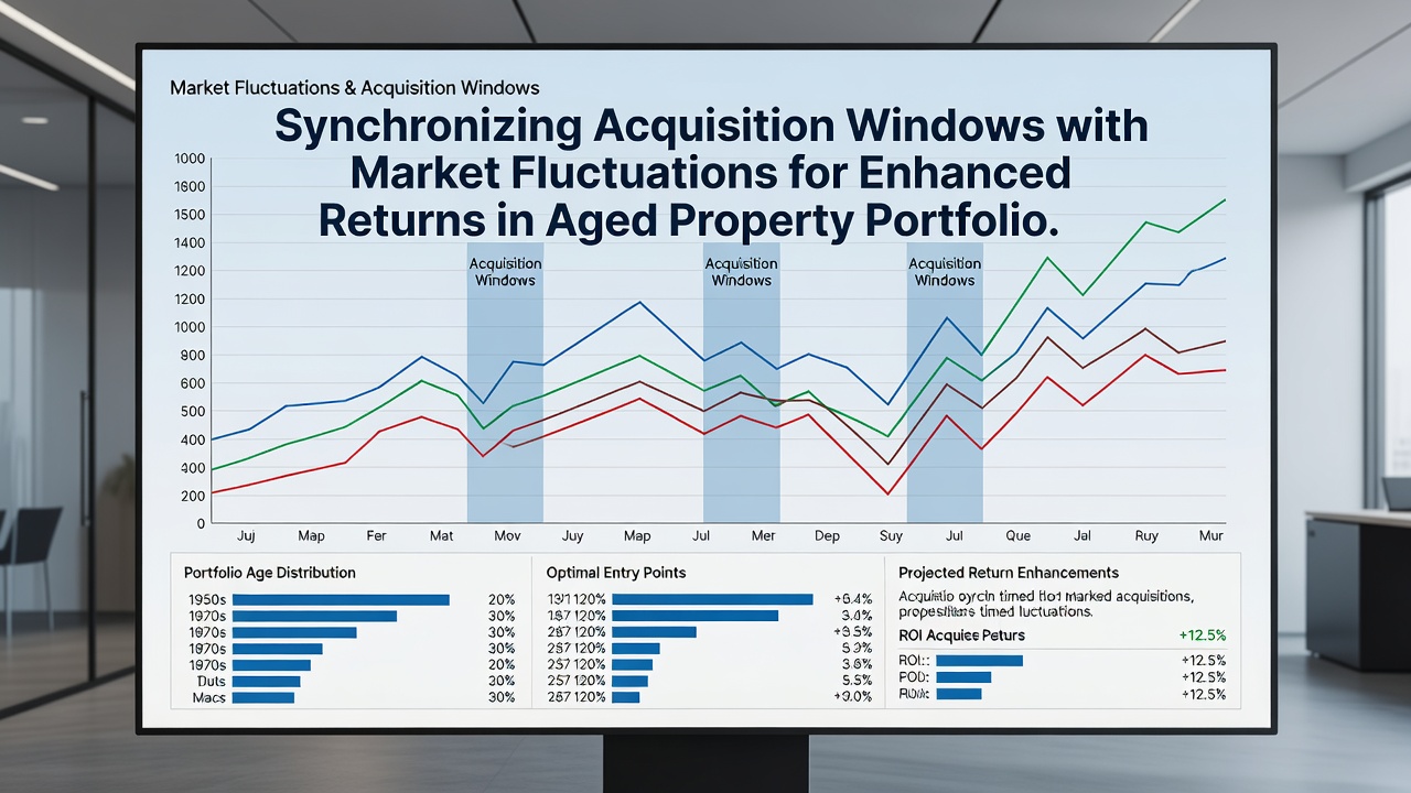 Portfolio managers reviewing acquisition timing models for aged buildings amid market data displays