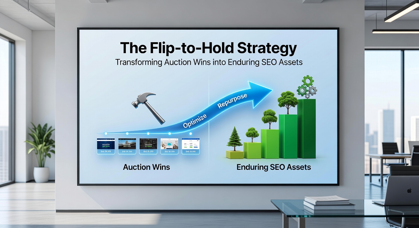 Graph showing domain auction bids evolving into long-term SEO value over time, with rising metrics for traffic and backlinks