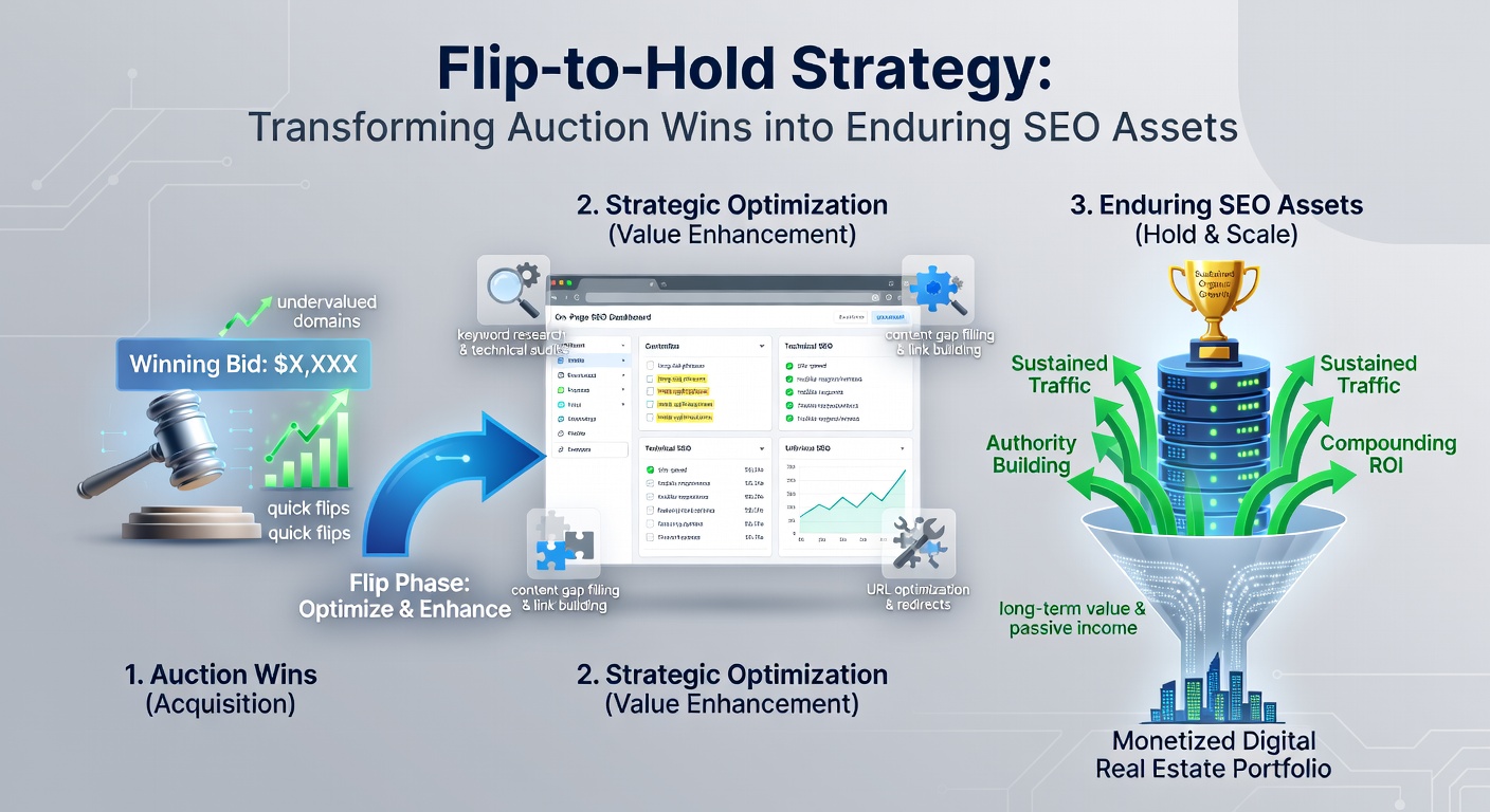 Screenshot of a domain dashboard displaying flip-to-hold progress, with charts for backlinks, traffic growth, and revenue streams
