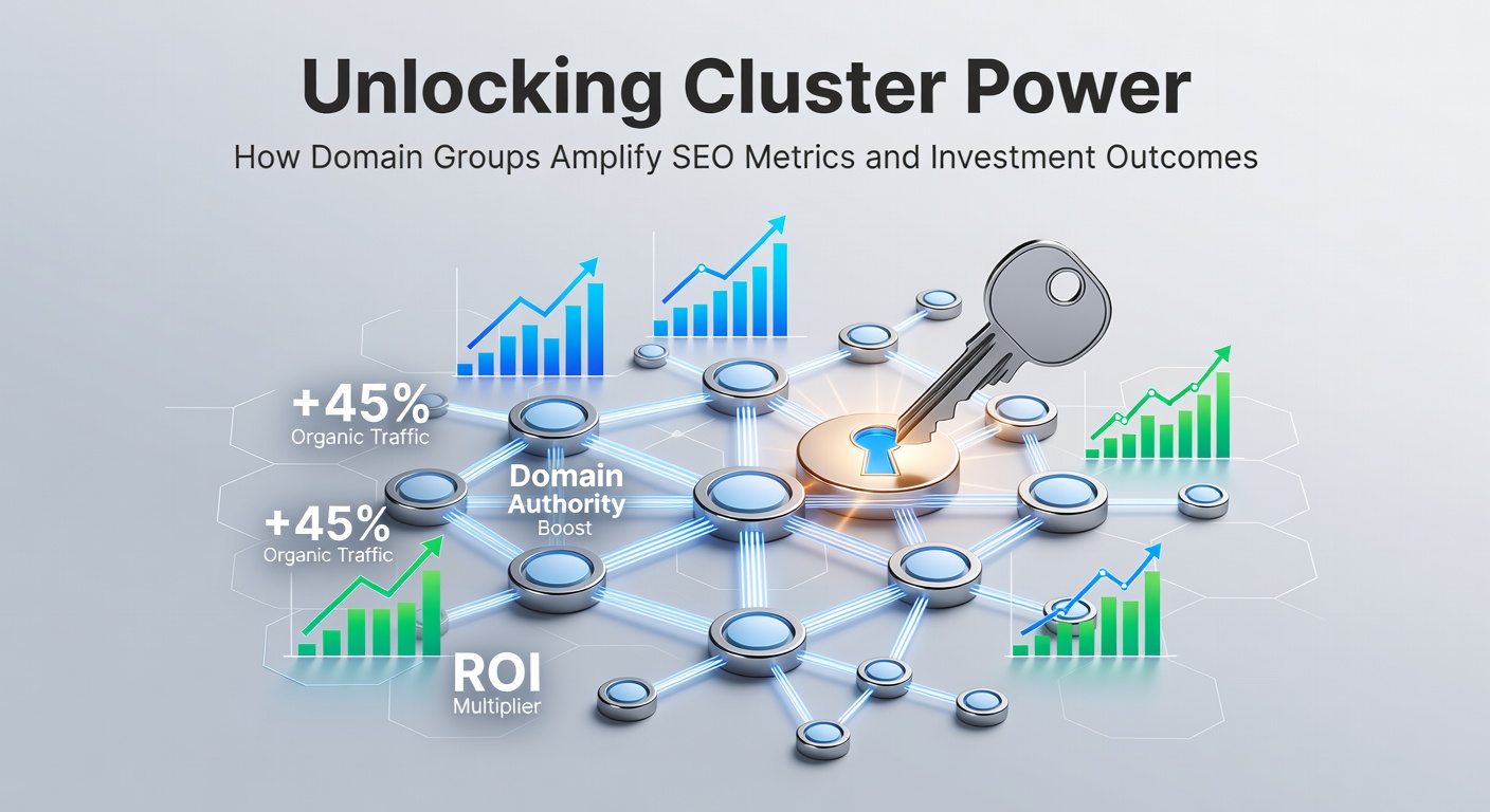 Visual representation of interconnected domain clusters boosting SEO signals and domain valuations